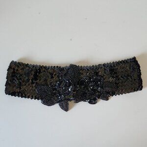 FRANK USHER | Elasticized Belt Sequins Appliqued Flowers Black Sz 12